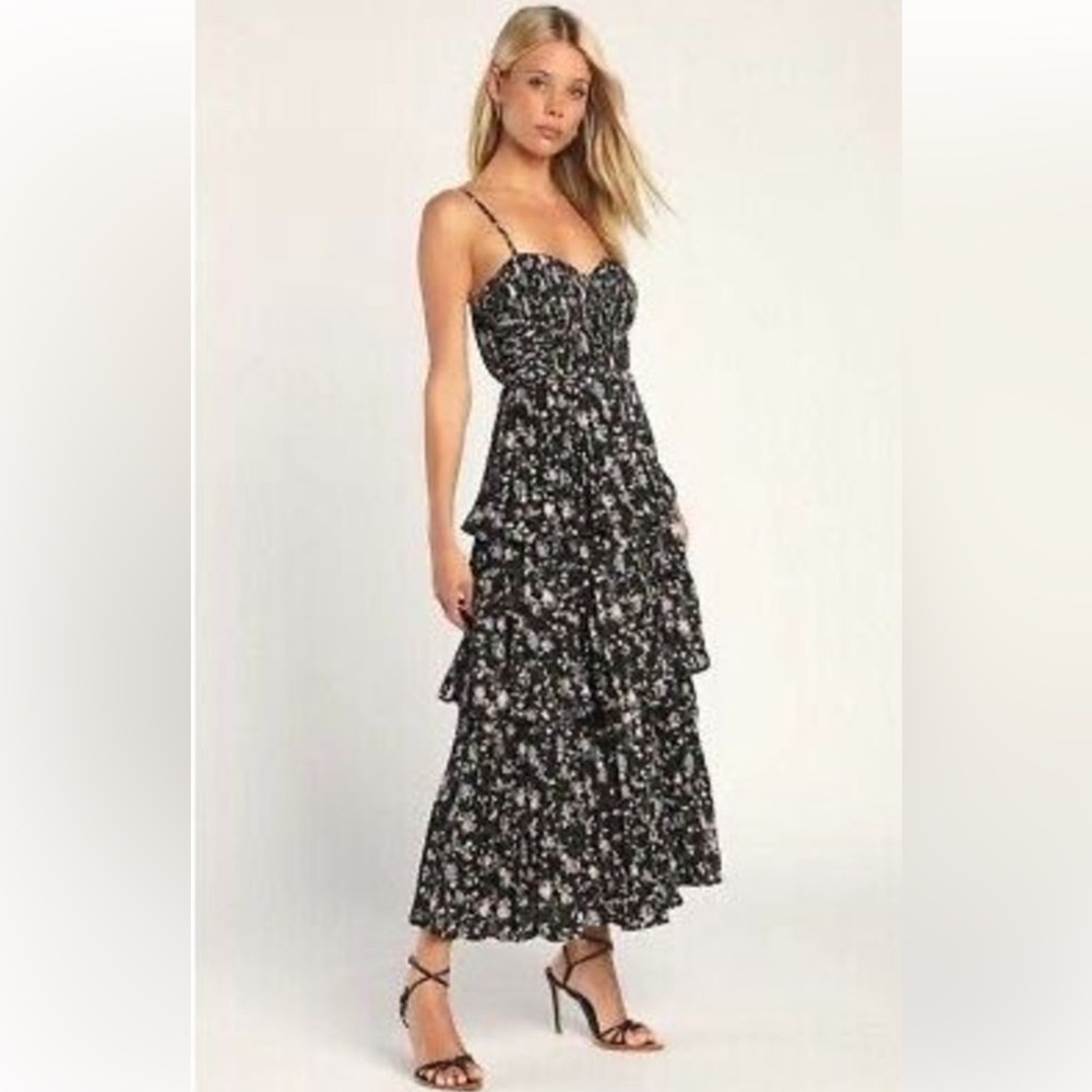 Lulu’s Cascading Crush Floral Print Tiered Bustier Midi Dress in Black XL